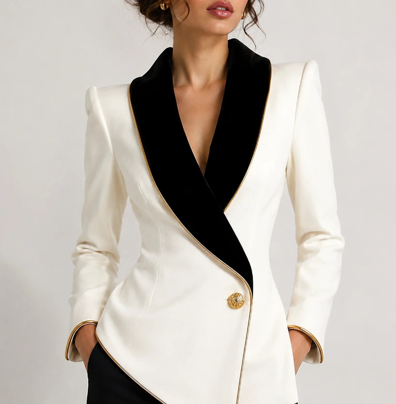 Asymmetric blazer jacket cream white, back view with gold cuff piping