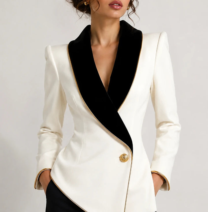 Asymmetric blazer jacket cream white, back view with gold cuff piping
