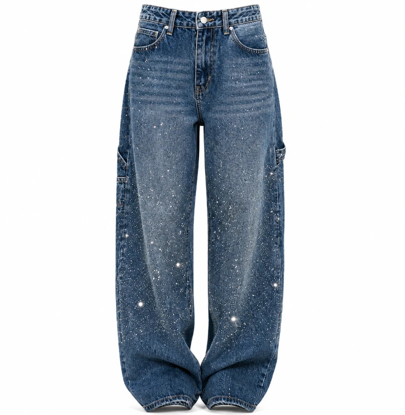 Sparkling wide-leg denim jeans with rhinestones, front view