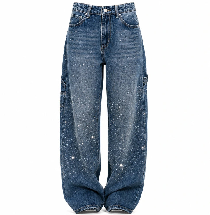 Sparkling wide-leg denim jeans with rhinestones, front view
