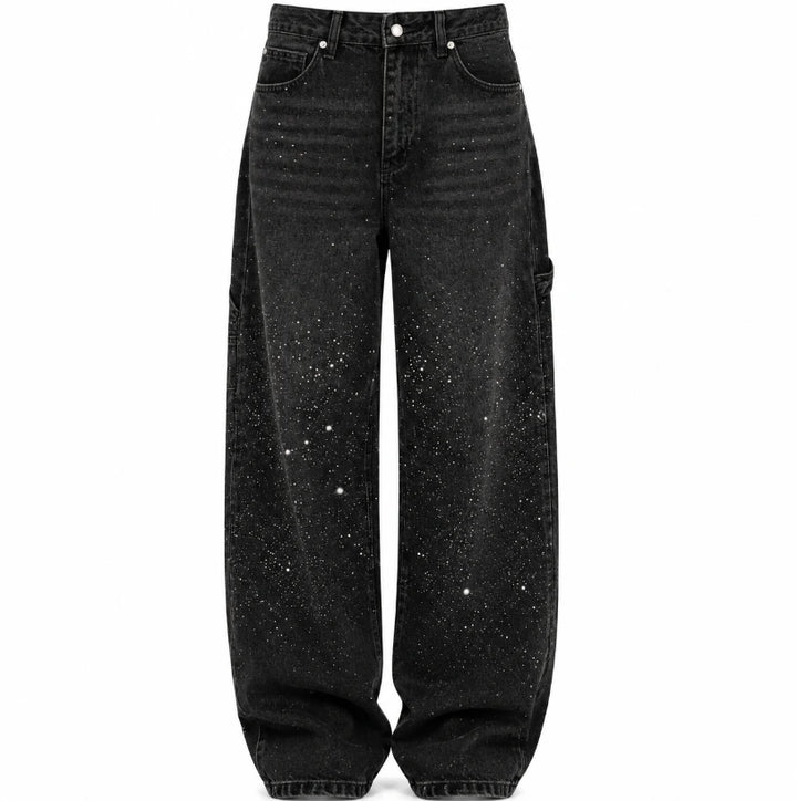 Rhinestone jeans barrel-leg silhouette, side view