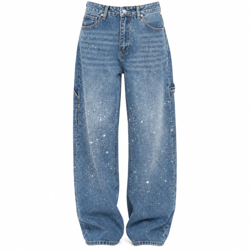 Women's rhinestone wide-leg jeans full length, front view