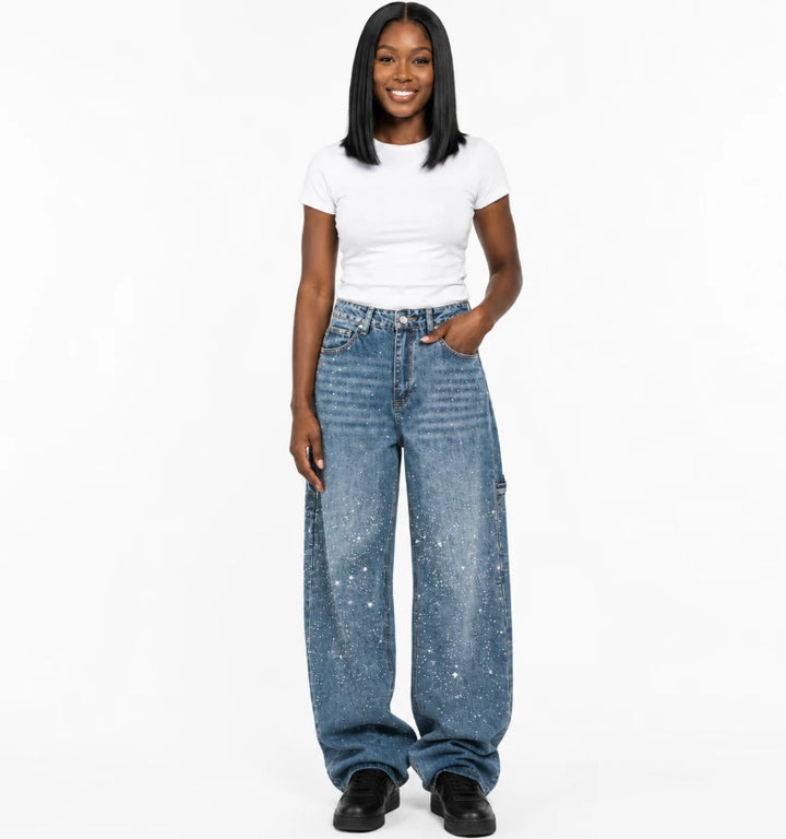 Flared rhinestone jeans with utility pocket, side view