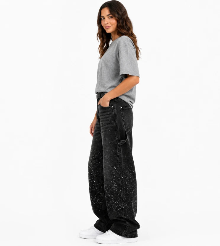 Crystal embellished high-waist jeans, model front view
