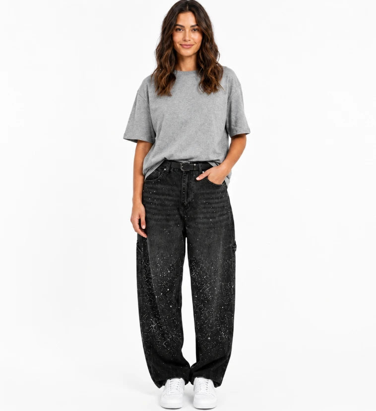Wide-leg rhinestone jeans back view, dark blue denim