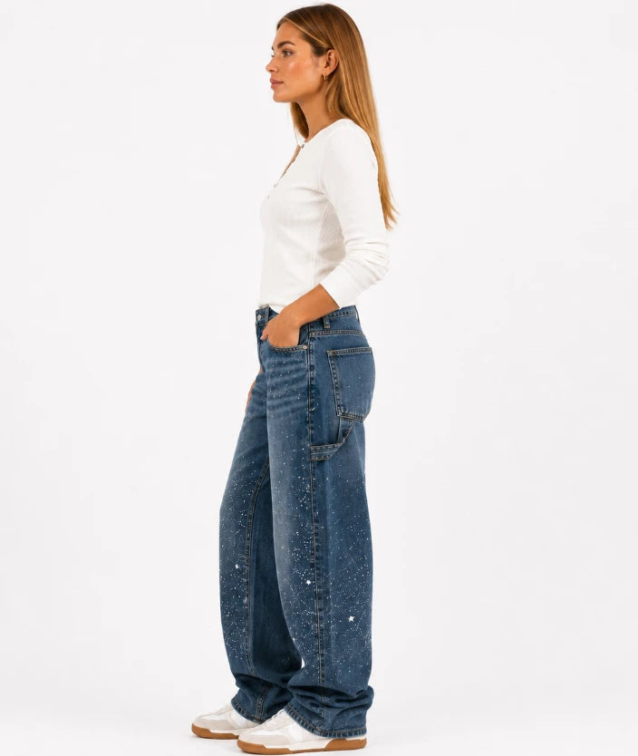 Rhinestone embellished flared jeans dark blue, model front