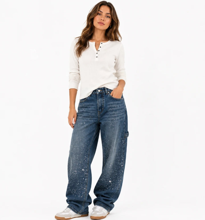 Wide-leg rhinestone jeans dark blue, front view