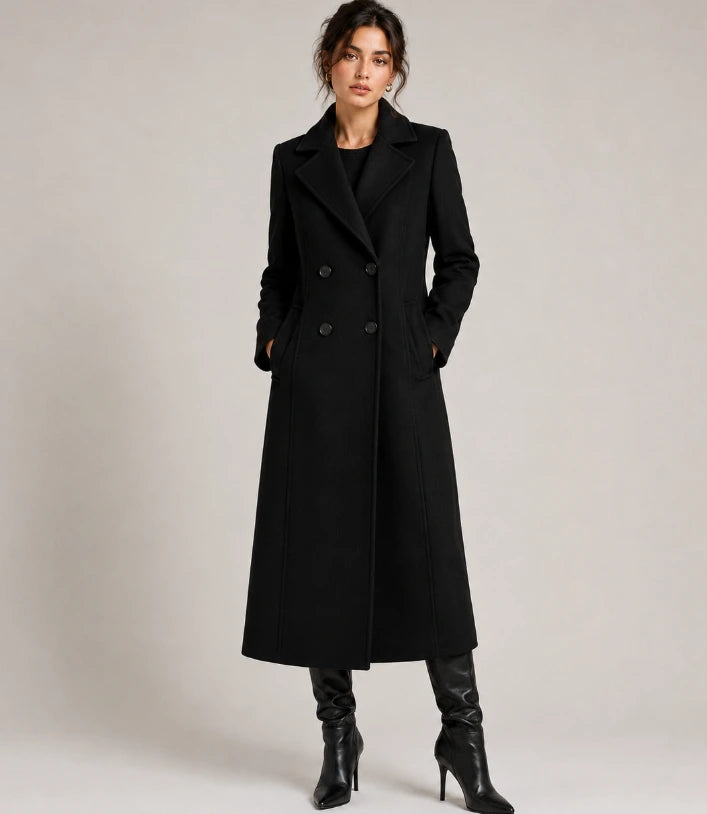 Women's long coat khaki, side view tailored silhouette