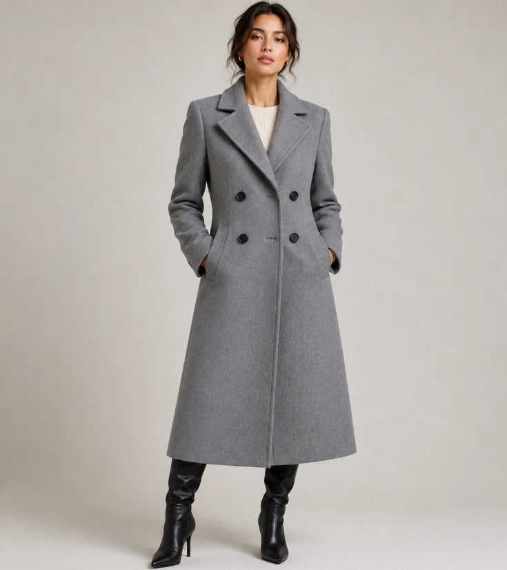 Women's double-breasted long overcoat gray, tailored front view
