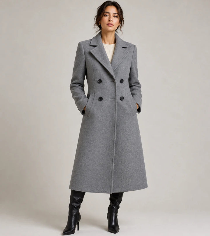 Women's double-breasted long overcoat gray, tailored front view