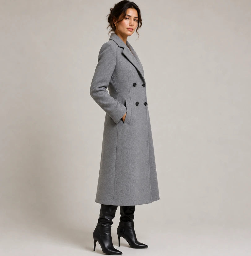 Women's long double-breasted coat gray, notched lapel front view