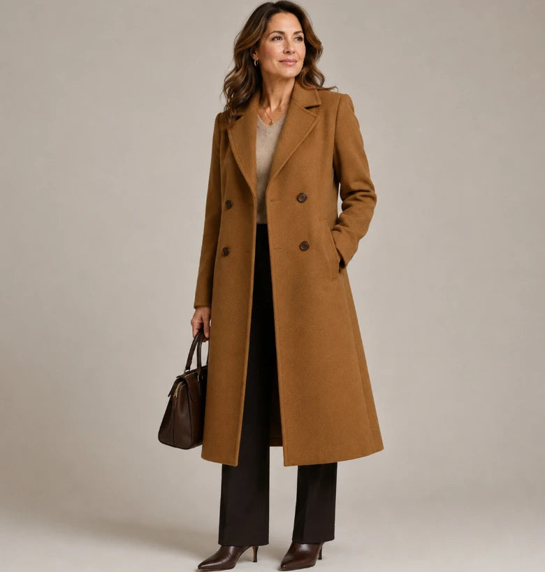 Women's double-breasted long overcoat black, back view