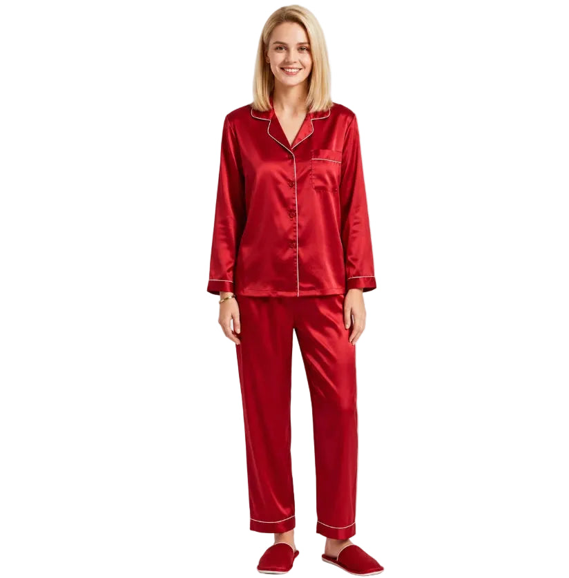 Satin-look two-piece pajama set with white piping, long-sleeve button top and straight-leg pants, red, front view