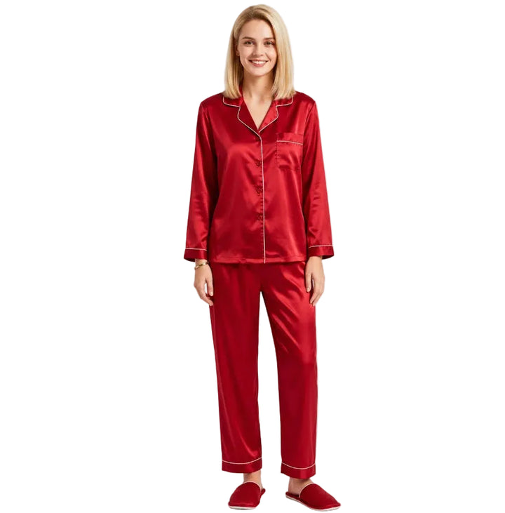 Satin-look two-piece pajama set with white piping, long-sleeve button top and straight-leg pants, red, front view