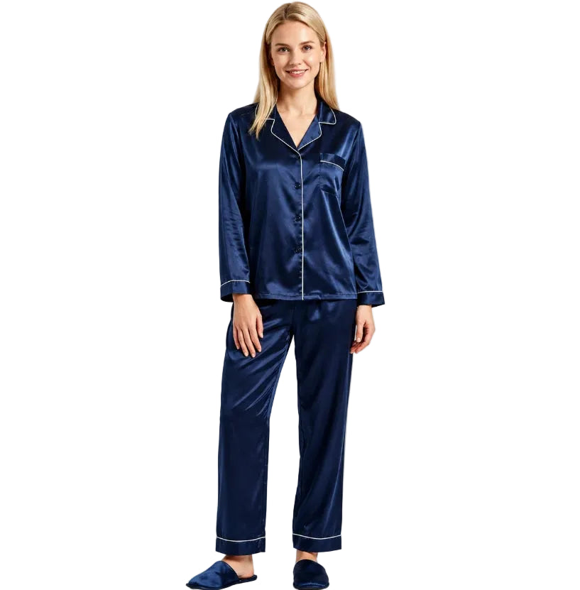 Satin-look two-piece pajama set with white piping, long-sleeve button top and straight-leg pants, navy, front view