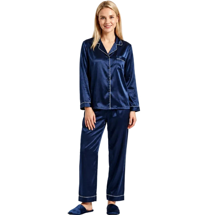 Satin-look two-piece pajama set with white piping, long-sleeve button top and straight-leg pants, navy, front view