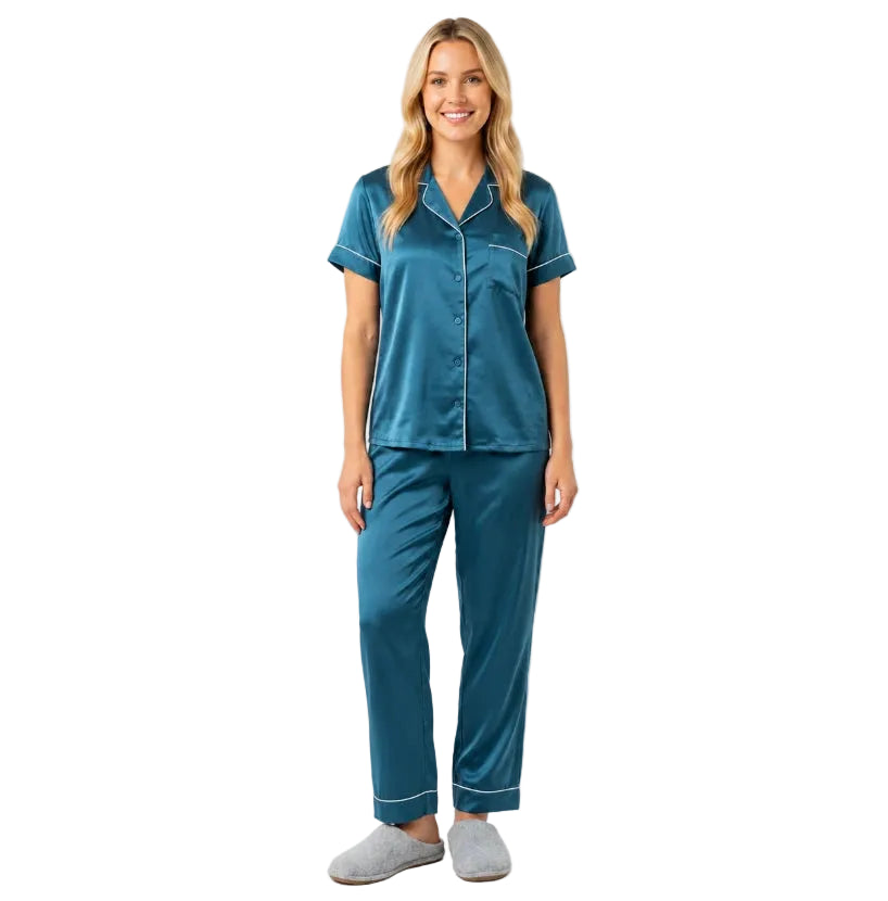 Satin-look two-piece pajama set with white piping, long-sleeve button top and straight-leg pants, green, front view