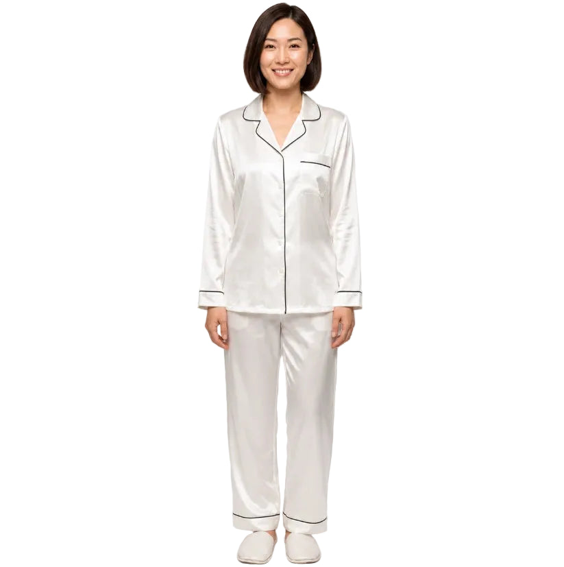 Satin-look two-piece pajama set with black piping, long-sleeve button top and straight-leg pants, white, front view