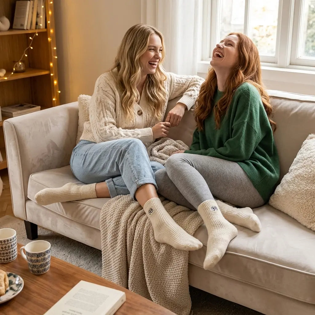 Two women wearing beige cartoon eyes tube socks on sofa, cozy lifestyle shot
