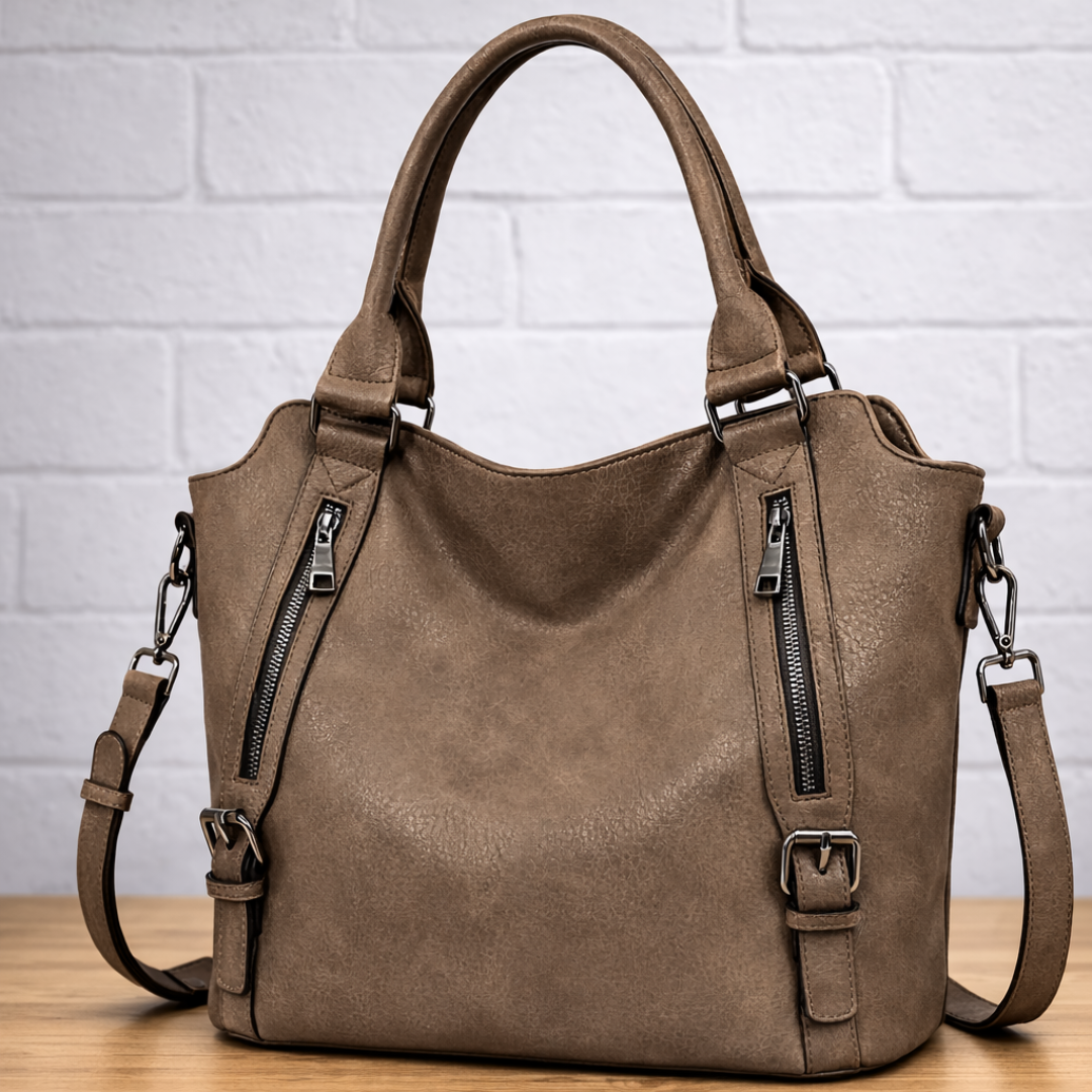 Lifestyle shot of hobo tote bag styled for everyday work use