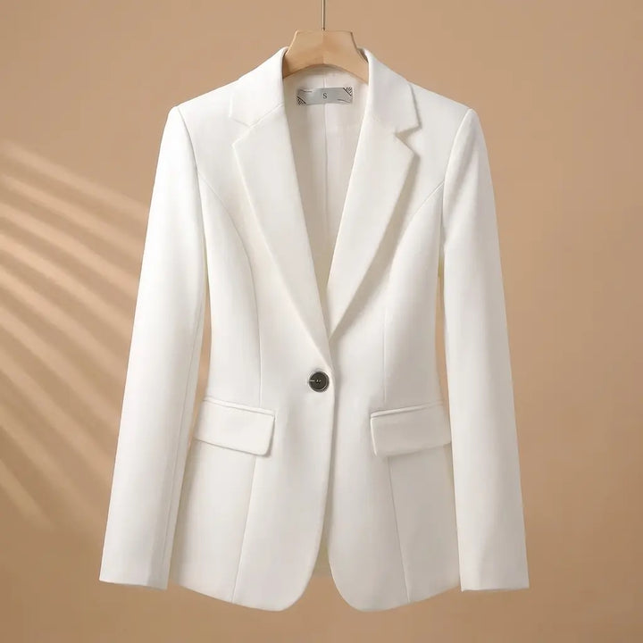 White tailored blazer with notched lapel and single button on hanger