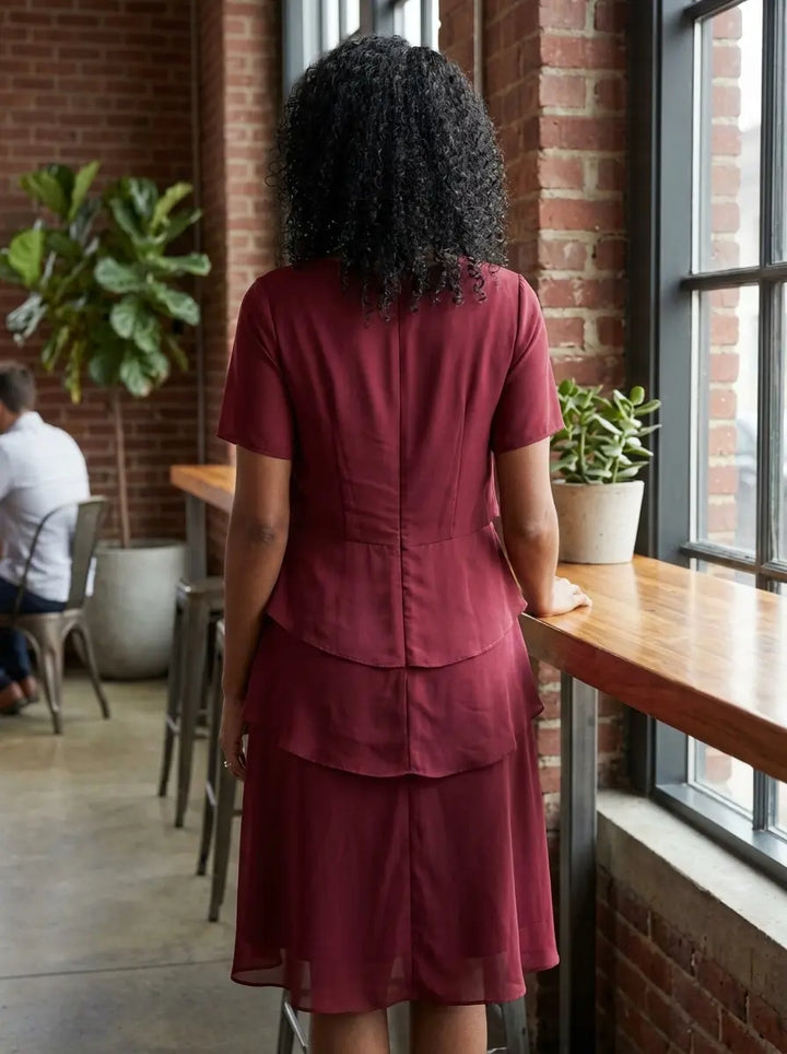 Burgundy tiered dress back view showing clean bodice, layered skirt, and straight knee-length hem