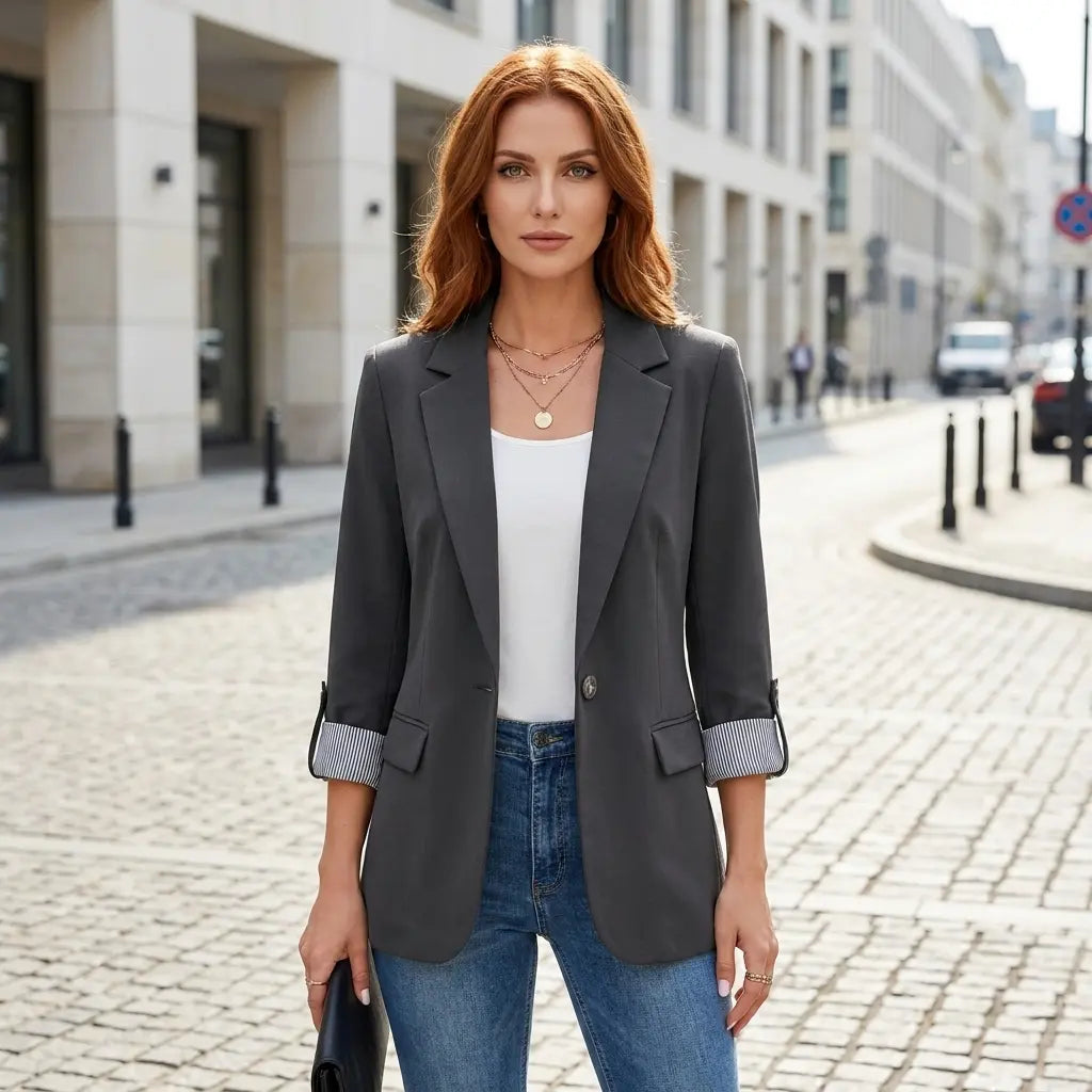 Women's lightweight blazer styled casually with jeans — hip-length regular fit silhouette