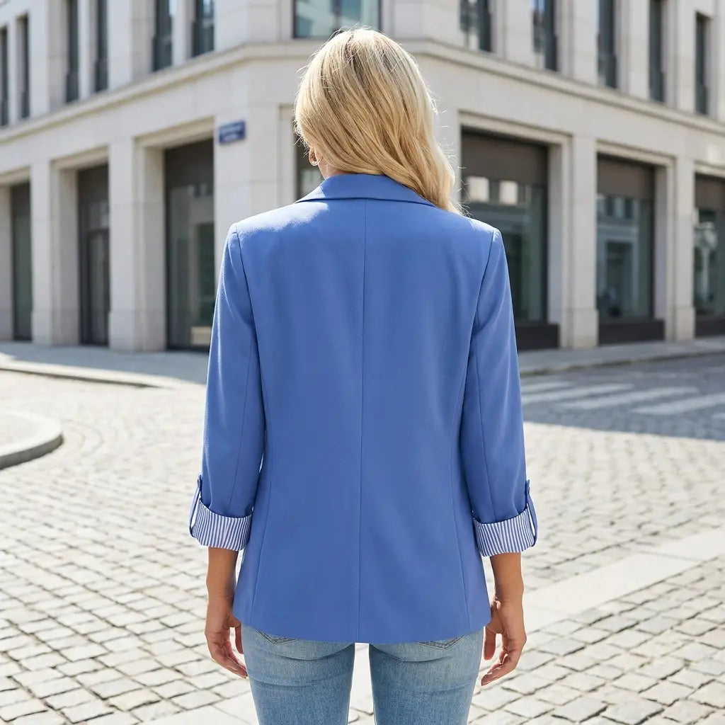 Women's lightweight blazer in blue with contrast striped cuff lining detail