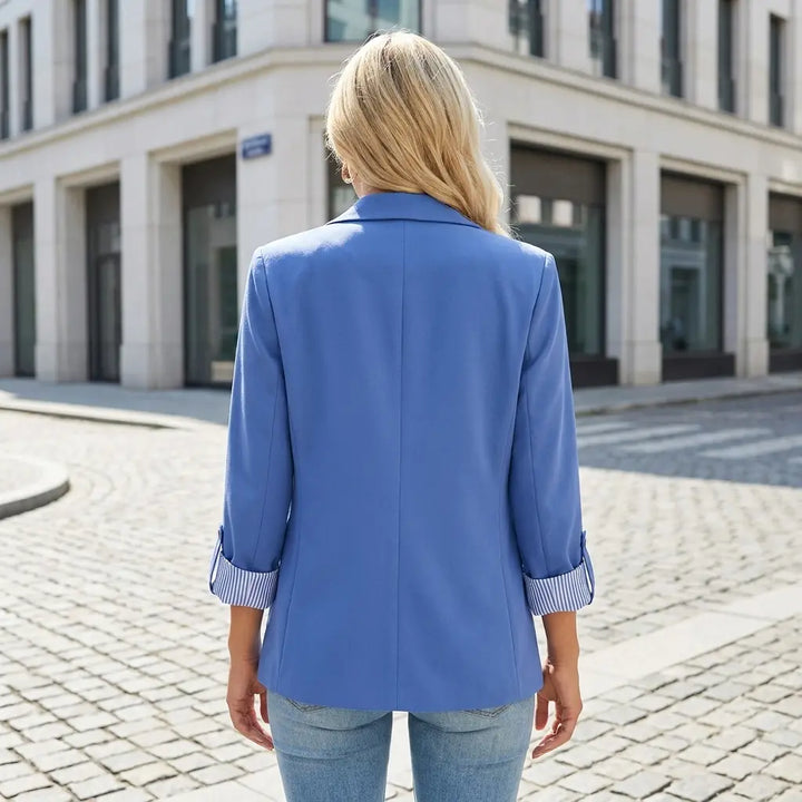Women's lightweight blazer in blue with contrast striped cuff lining detail