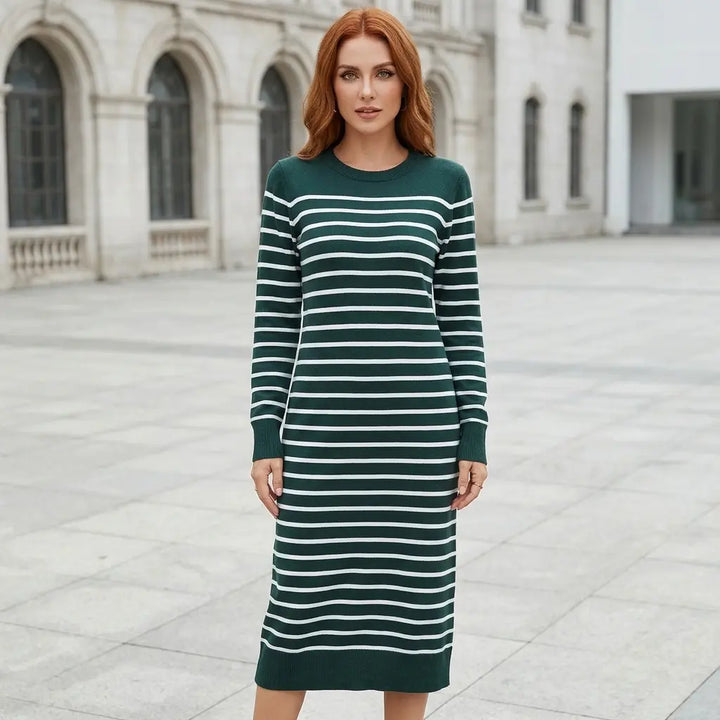 Striped knit midi dress in dark green and white, crew neck long sleeve front view