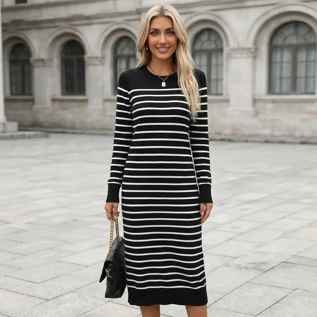 Striped knit midi dress in black and white, crew neck long sleeve front view