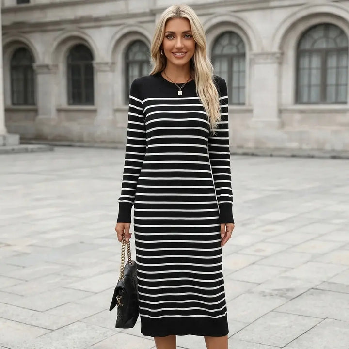 Striped knit midi dress in black and white, crew neck long sleeve front view