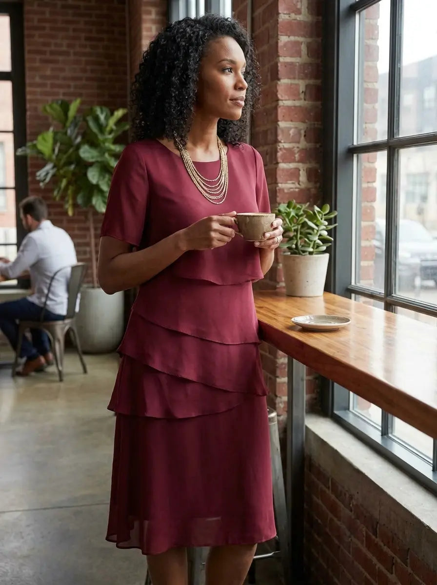Burgundy tiered dress with horizontal layered skirt panels, round neckline, three-quarter front view