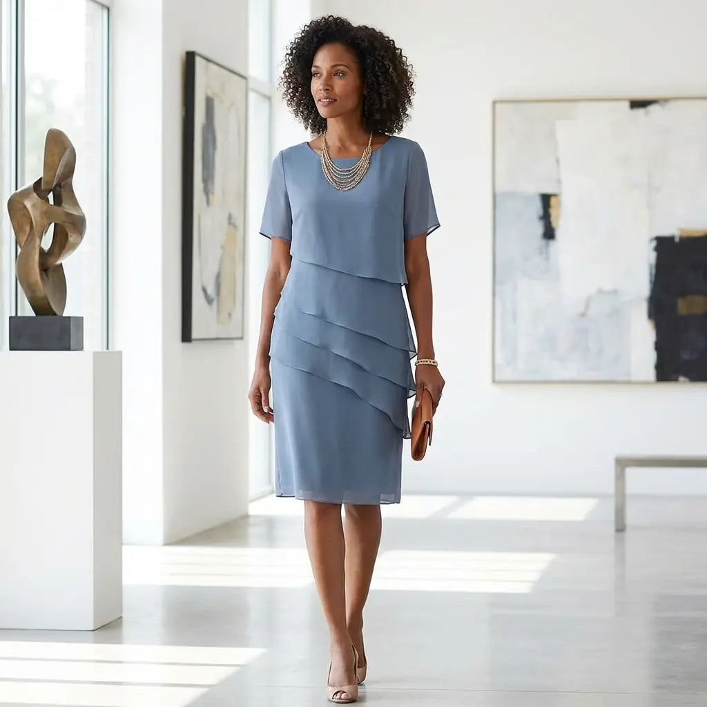 Slate blue tiered dress with diagonal layered front panels, round neckline, walking front view