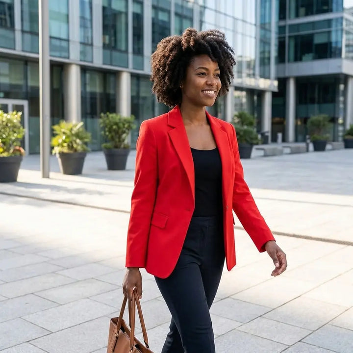 Red tailored blazer with notched lapel on model walking in urban plaza