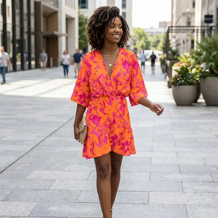 Batwing sleeve mini wrap dress in orange floral print, urban walking front view