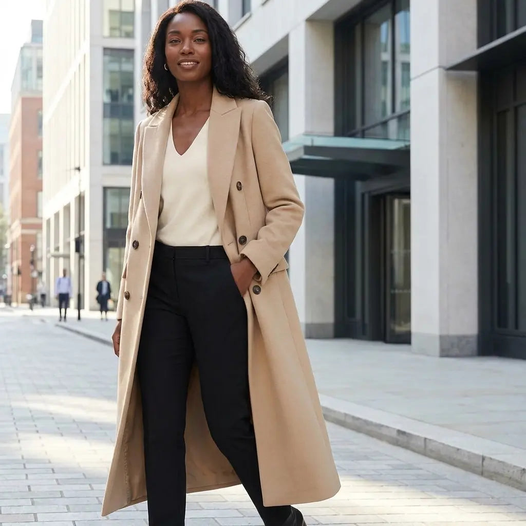 Camel double-breasted long coat with lapel collar, city street front view