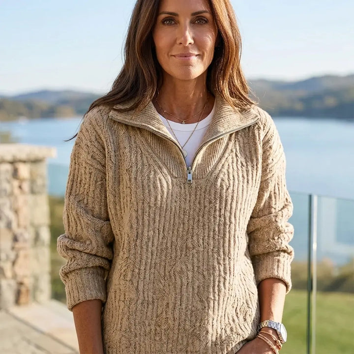 Quarter-zip knit pullover in camel with ribbed texture, front view