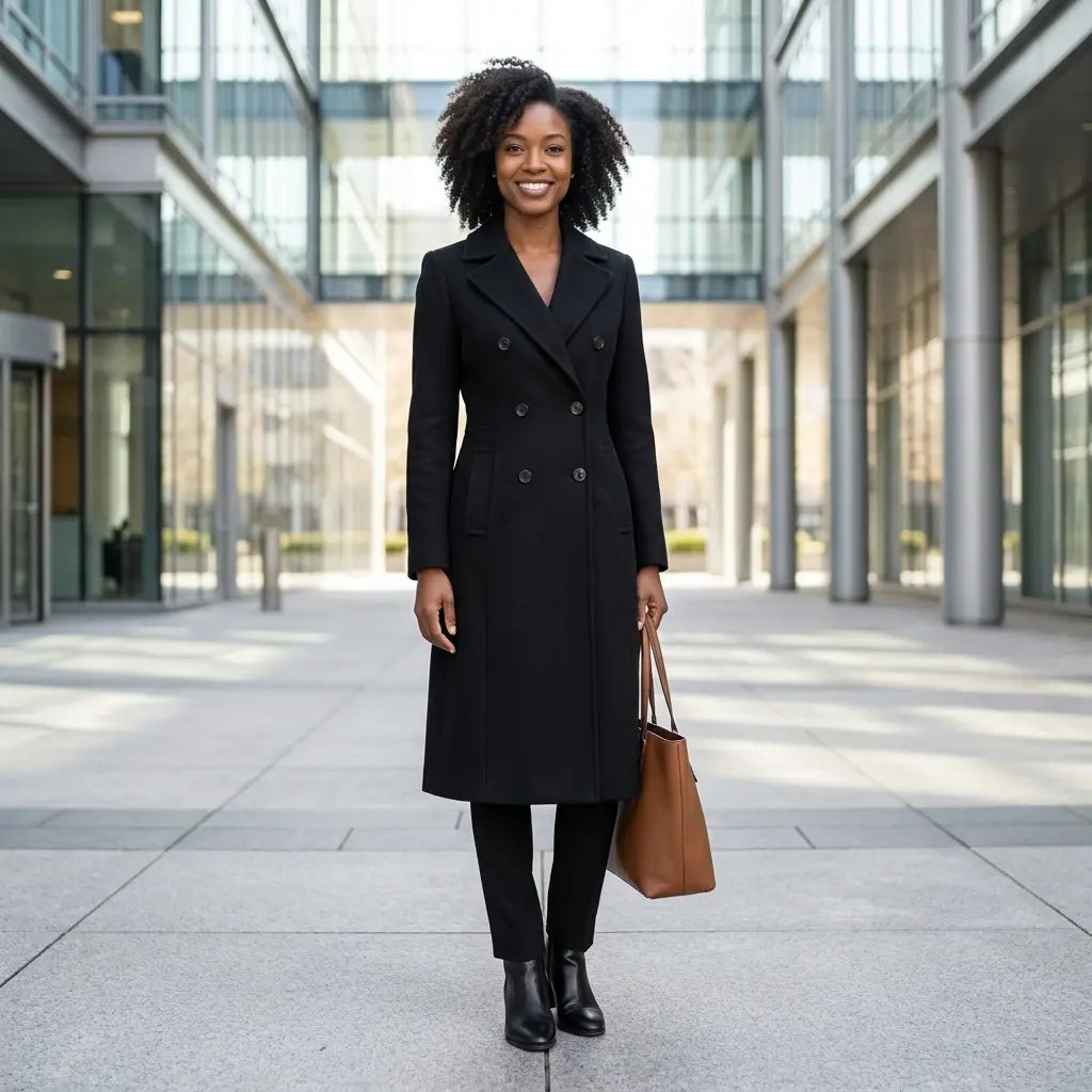 Black double-breasted long coat with lapel collar, front view on model