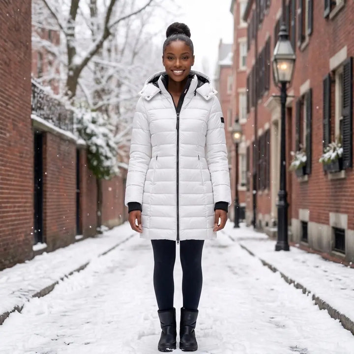 Women's mid-length white puffer jacket with hood, slim fit, front view