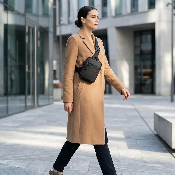 Woman wearing a black crossbody sling bag over a camel coat, walking outdoors, side view