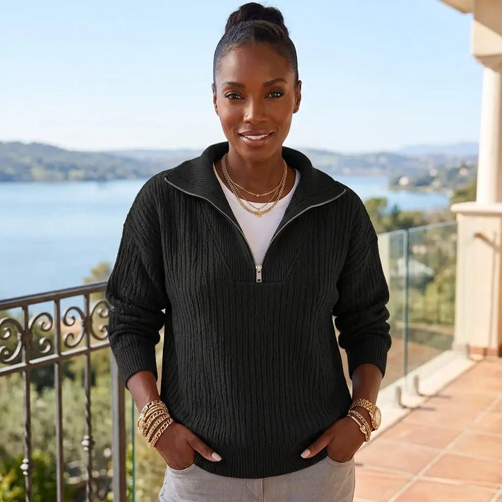 Women's quarter-zip knit pullover in black, cable texture, front view
