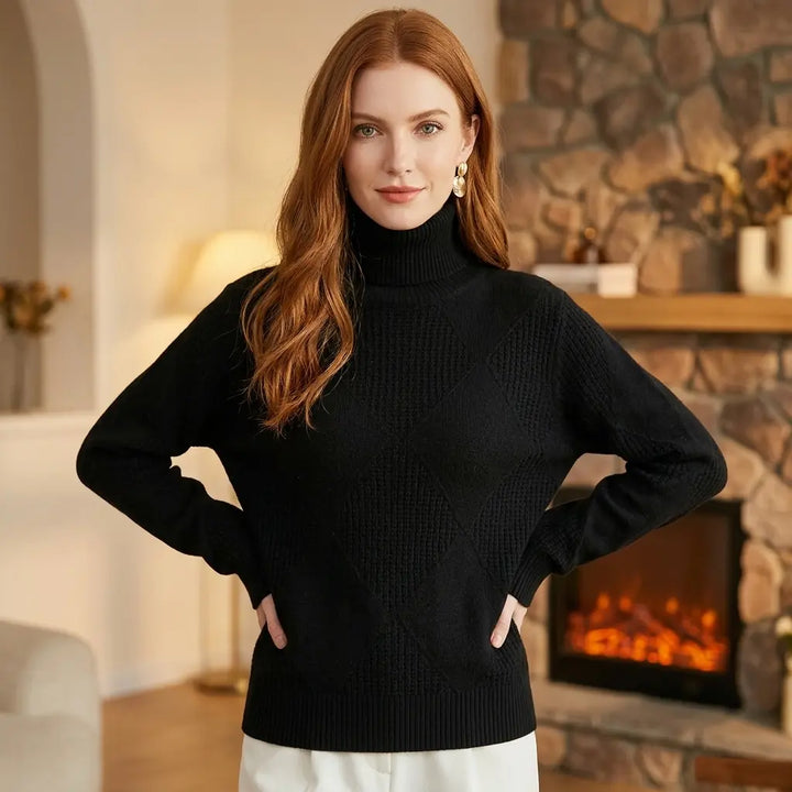 Women's black diamond pattern turtleneck sweater – long sleeve knit