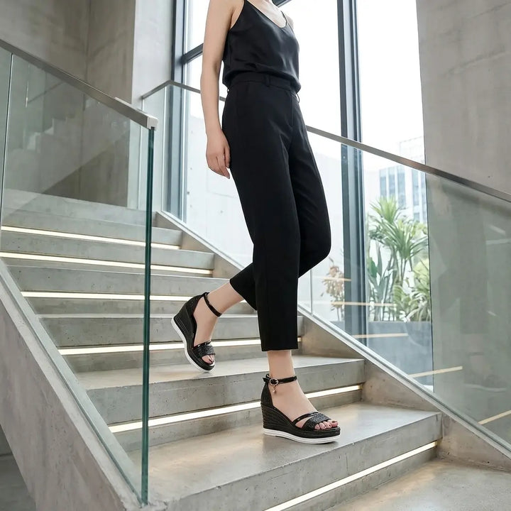 Woman on stairs wearing black glitter wedge sandals with cropped black trousers, side view