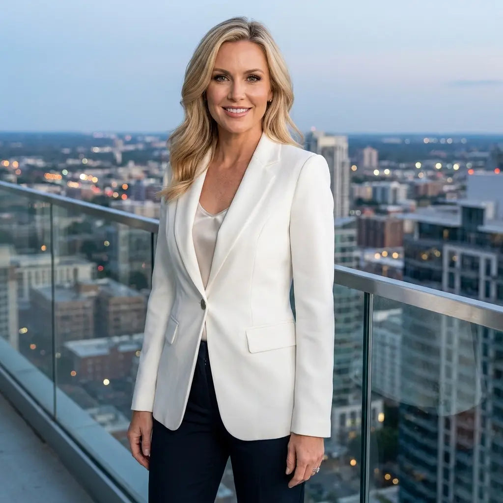 White single-button blazer with notched lapel on model on rooftop, front view