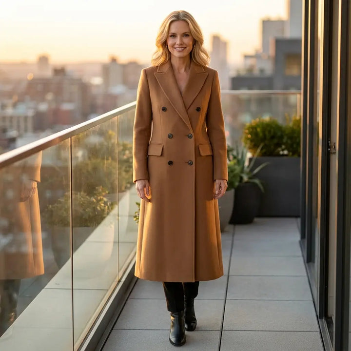 Warm brown double-breasted long coat with flap pockets, rooftop front view