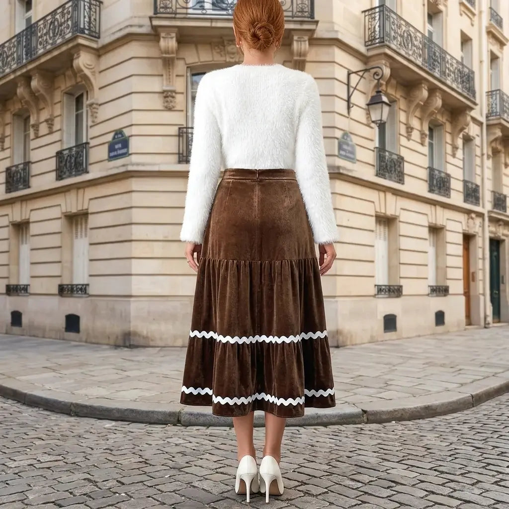 Brown velvet tiered skirt – detail and drape, angled view