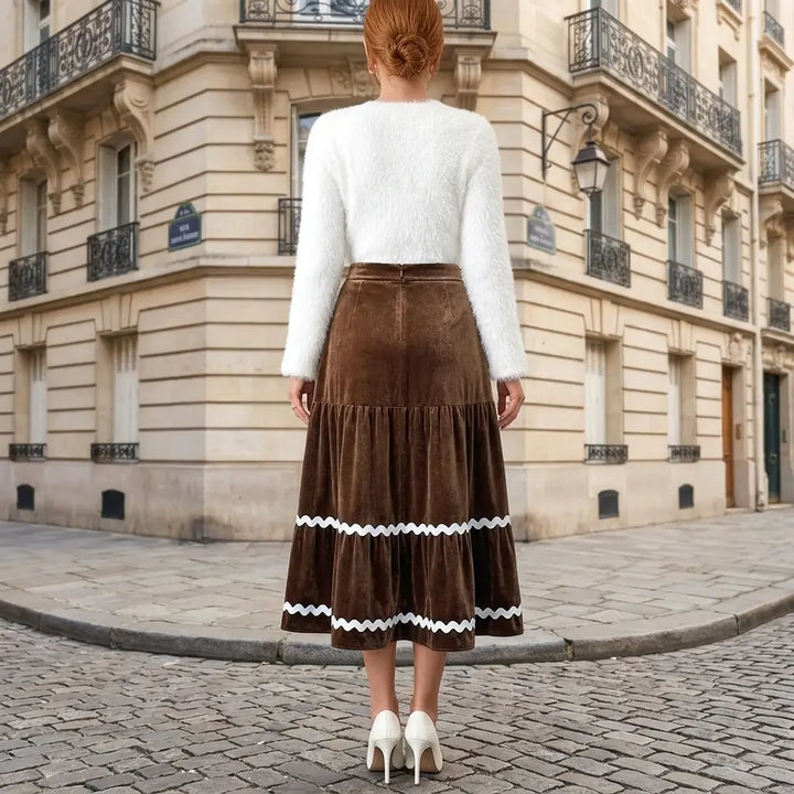 Brown velvet tiered skirt – detail and drape, angled view