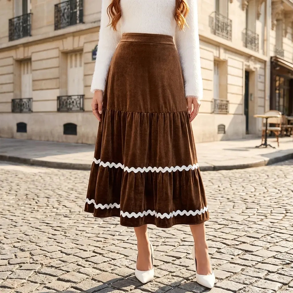 Model wearing brown velvet tiered midi skirt, full-length view