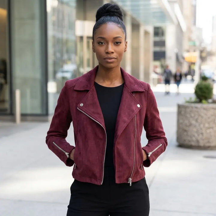 Wine red women's faux leather moto jacket cropped slim fit — front view